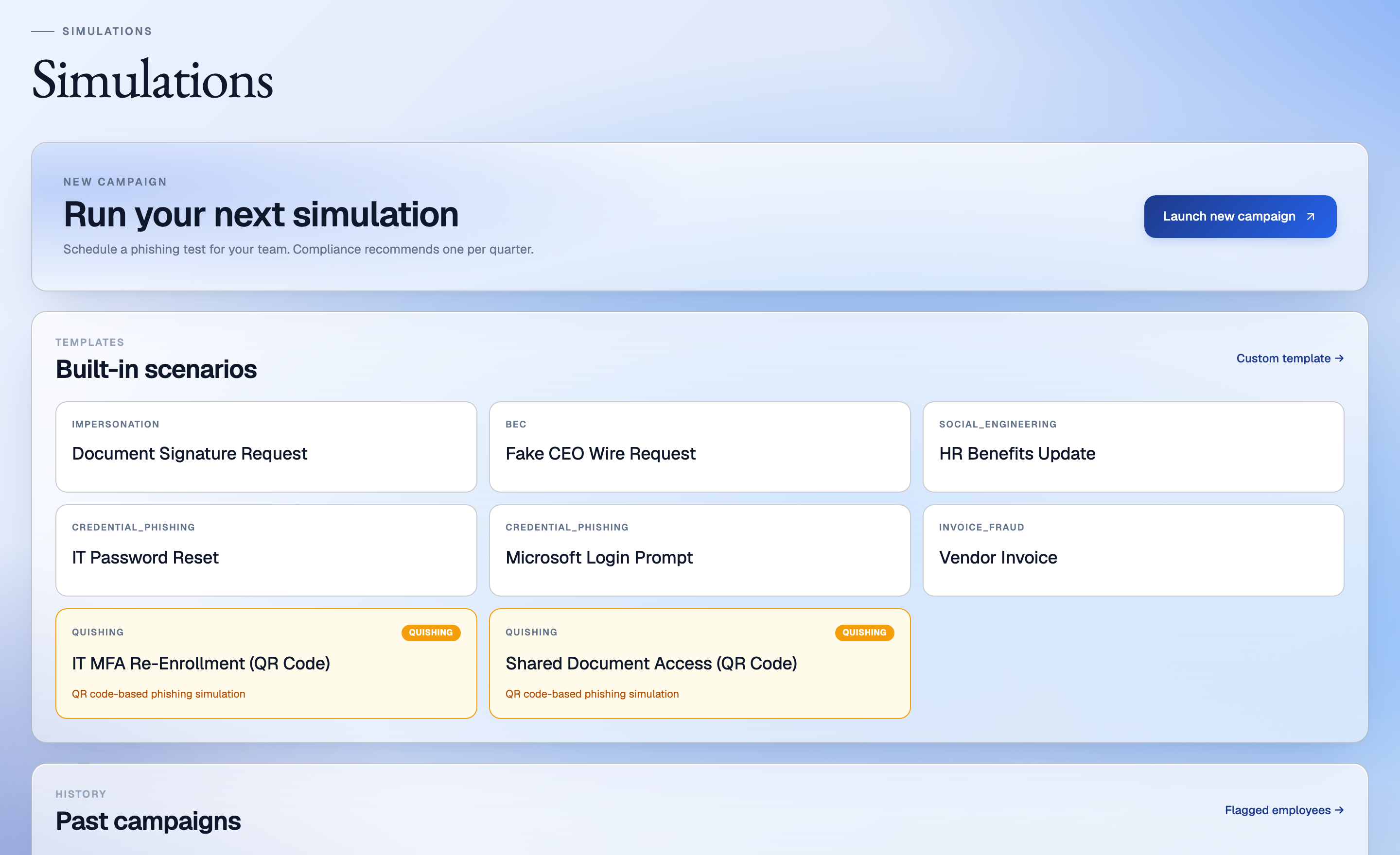CIVRA Simulations — launch a new campaign plus a library of built-in scenarios: impersonation, BEC, social engineering, credential phishing, invoice fraud and QR-code quishing templates.